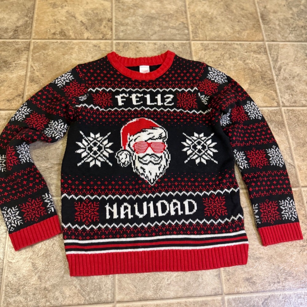 Holiday Time Kids Feliz Navidad Santa Sunglasses Ugly Christmas Sweater L 10-12